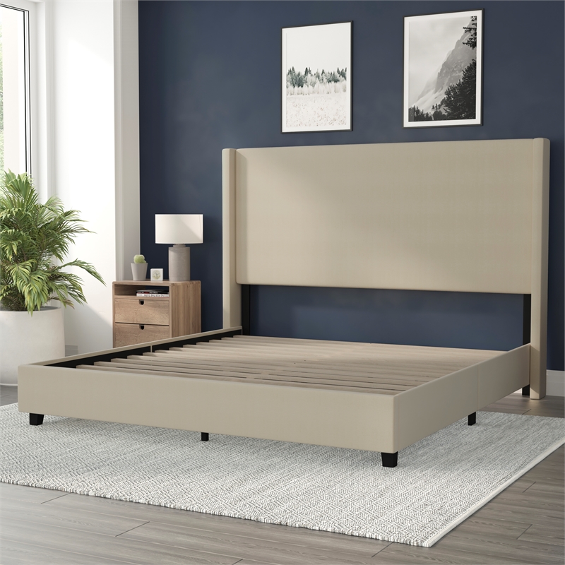 King Size Upholstered Platform Bed with Channel Stitched Headboard in Beige