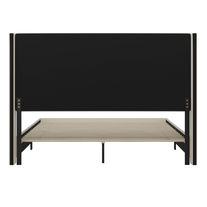 King Size Upholstered Platform Bed with Channel Stitched Headboard in Beige