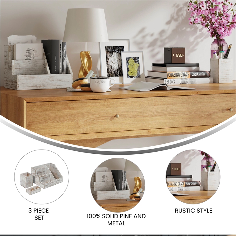 Whitewashed Wooden 3 Piece Organization Set for Desktop Tables or Vanity