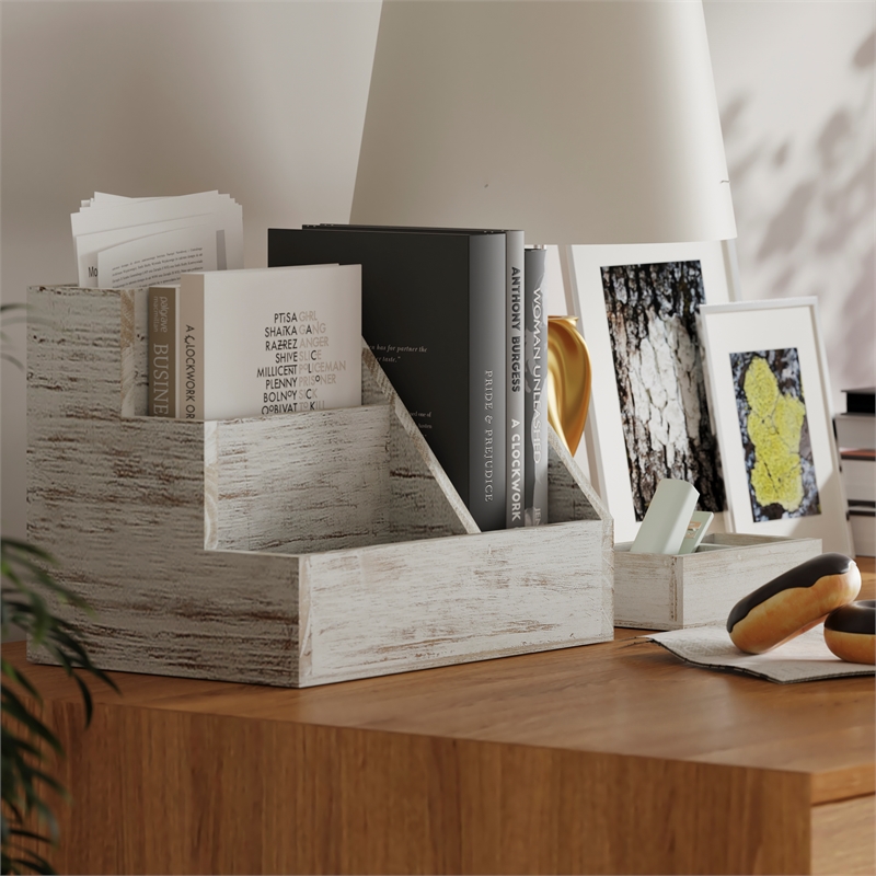 Whitewashed Wooden 3 Piece Organization Set for Desktop Tables or Vanity