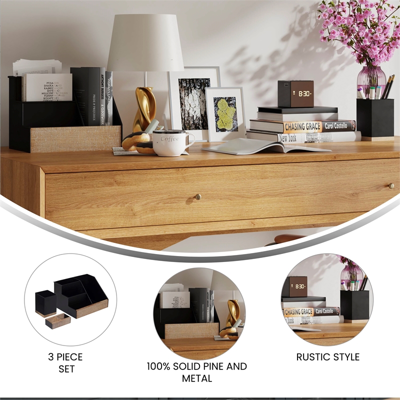 Black Finish Metal and Rustic Wood 3 Piece Desktop or Vanity Organizer Set