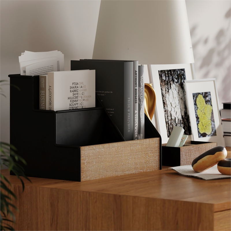 Black Finish Metal and Rustic Wood 3 Piece Desktop or Vanity Organizer Set