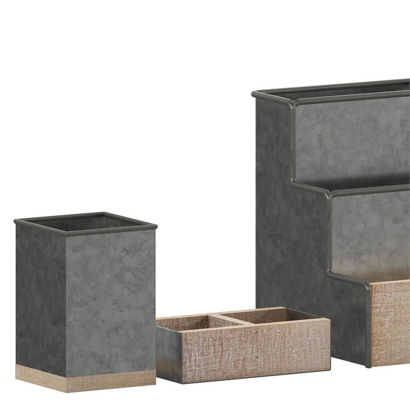 Galvanized Finish Metal and Rustic Wood 3 Piece Desktop or Vanity Organizer Set