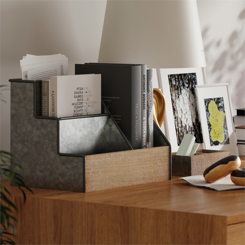Galvanized Finish Metal and Rustic Wood 3 Piece Desktop or Vanity Organizer Set