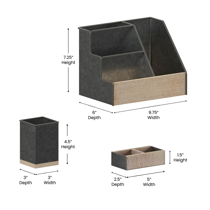 Galvanized Finish Metal and Rustic Wood 3 Piece Desktop or Vanity Organizer Set