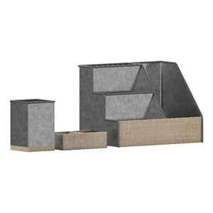 Galvanized Finish Metal and Rustic Wood 3 Piece Desktop or Vanity Organizer Set
