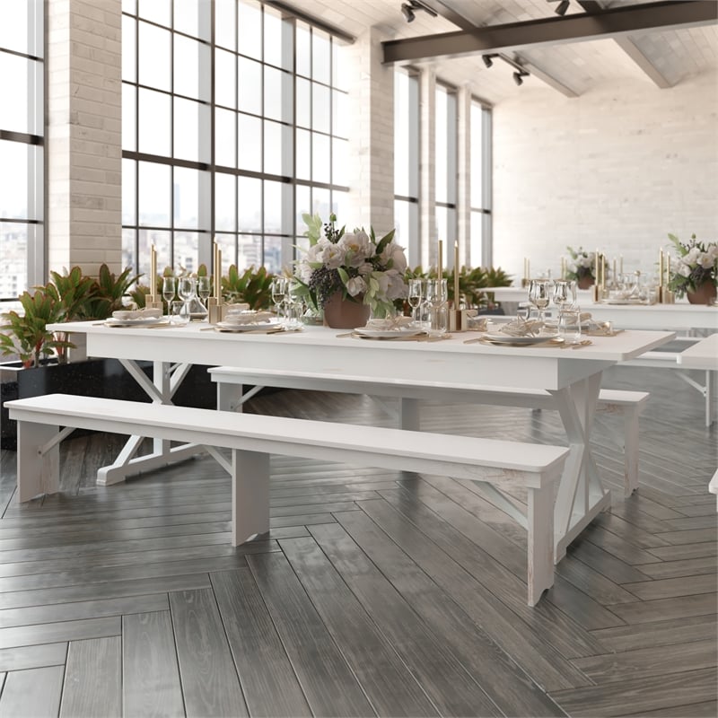 Solid Pine Farm Dining Table with X-Style Legs in Antique Rustic White-9' x 40