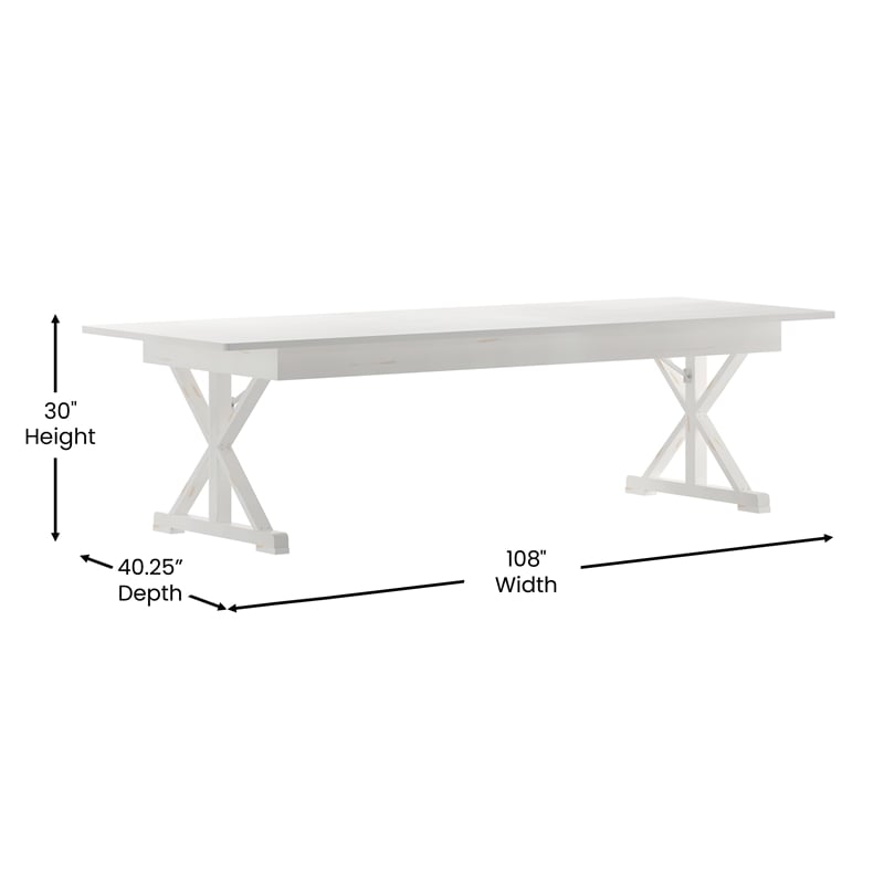 Solid Pine Farm Dining Table with X-Style Legs in Antique Rustic White-9' x 40