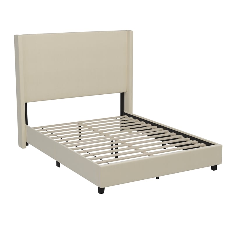 Queen Size Upholstered Platform Bed with Channel Stitched Headboard in Beige