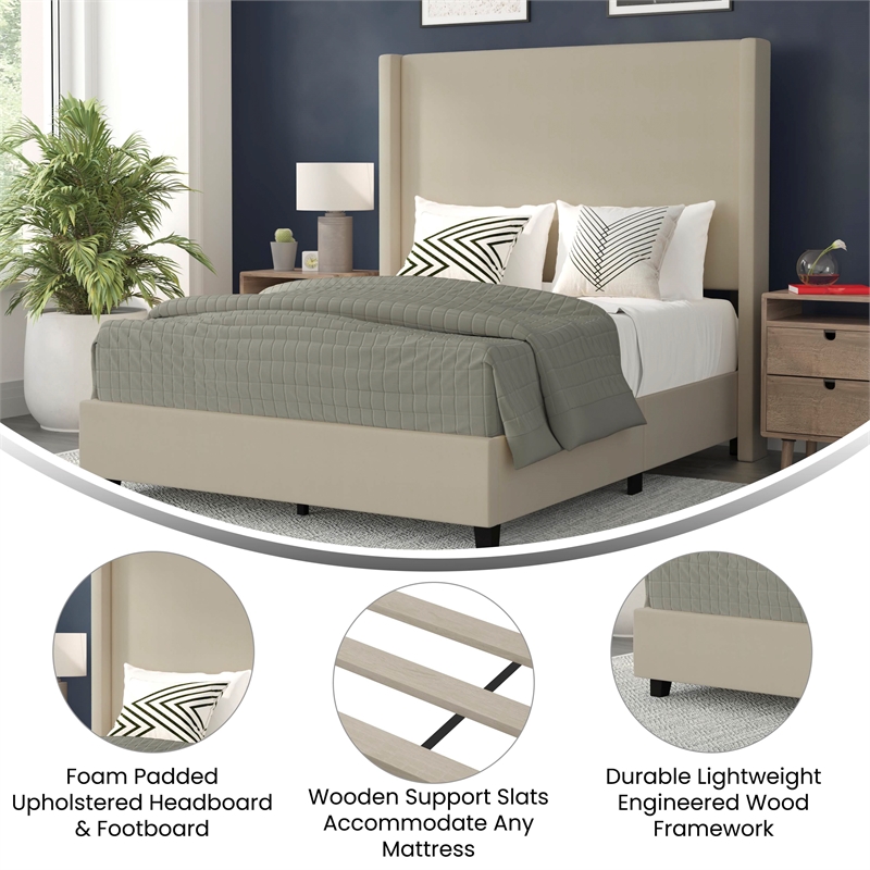 Queen Size Upholstered Platform Bed with Channel Stitched Headboard in Beige