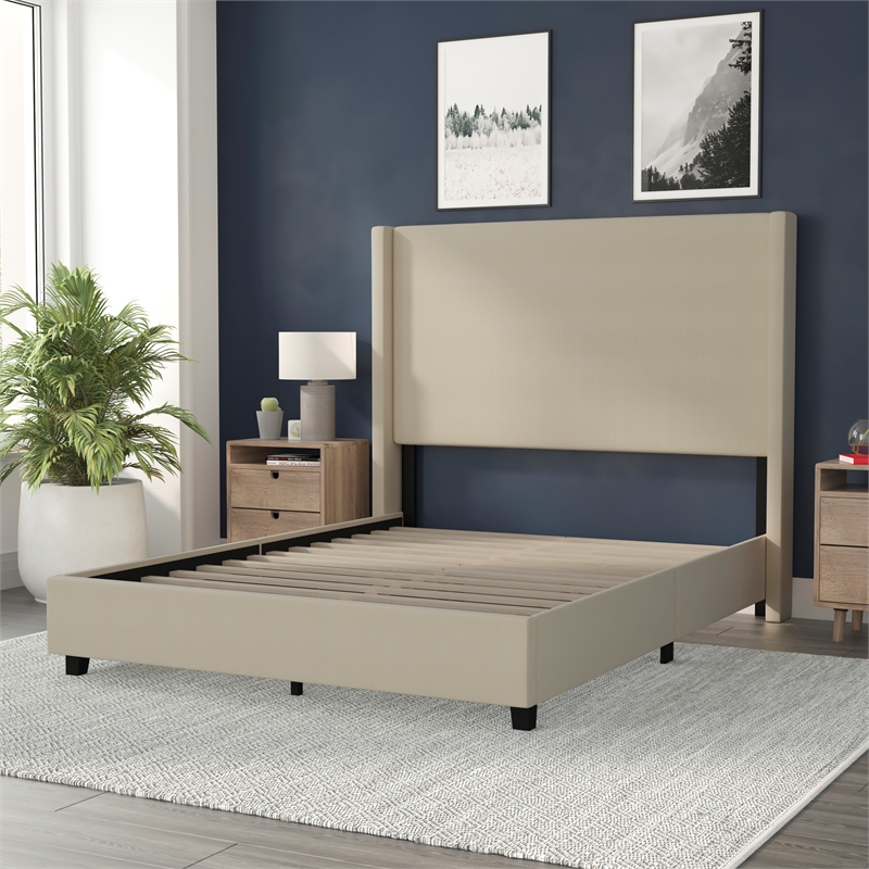 Queen Size Upholstered Platform Bed with Channel Stitched Headboard in Beige