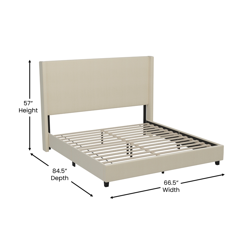 Queen Size Upholstered Platform Bed with Channel Stitched Headboard in Beige