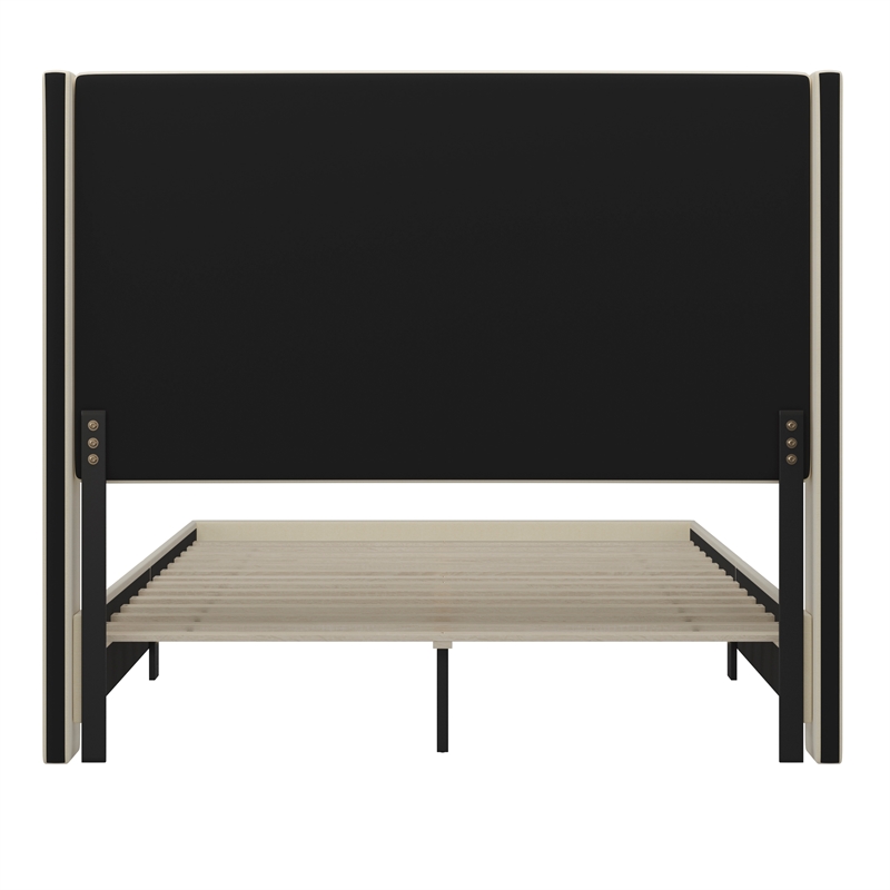Queen Size Upholstered Platform Bed with Channel Stitched Headboard in Beige