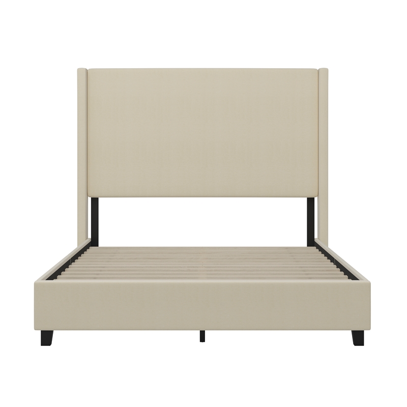 Queen Size Upholstered Platform Bed with Channel Stitched Headboard in Beige