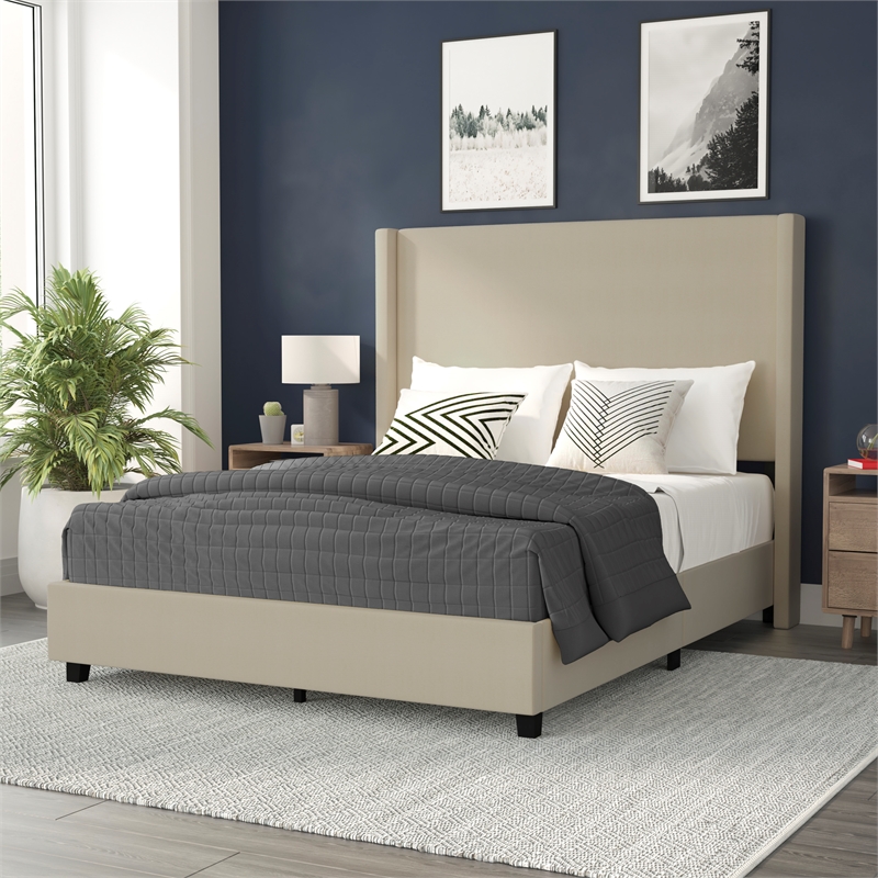 Queen Size Upholstered Platform Bed with Channel Stitched Headboard in Beige