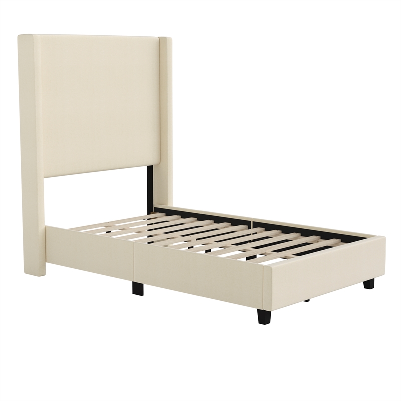 Twin Size Upholstered Platform Bed with Channel Stitched Headboard in Beige