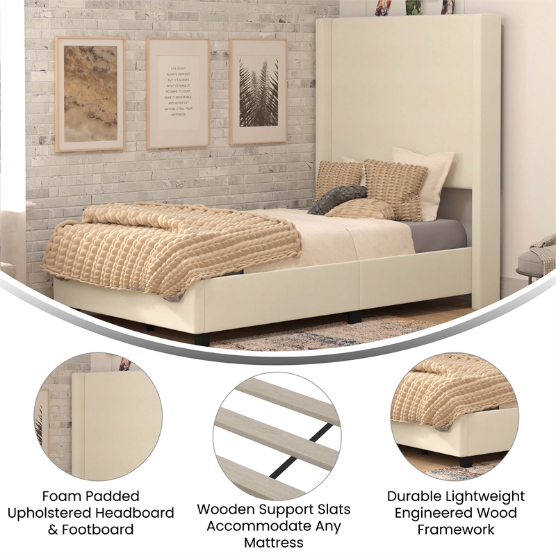 Twin Size Upholstered Platform Bed with Channel Stitched Headboard in Beige