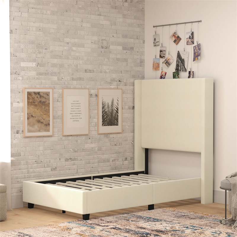 Twin Size Upholstered Platform Bed with Channel Stitched Headboard in Beige