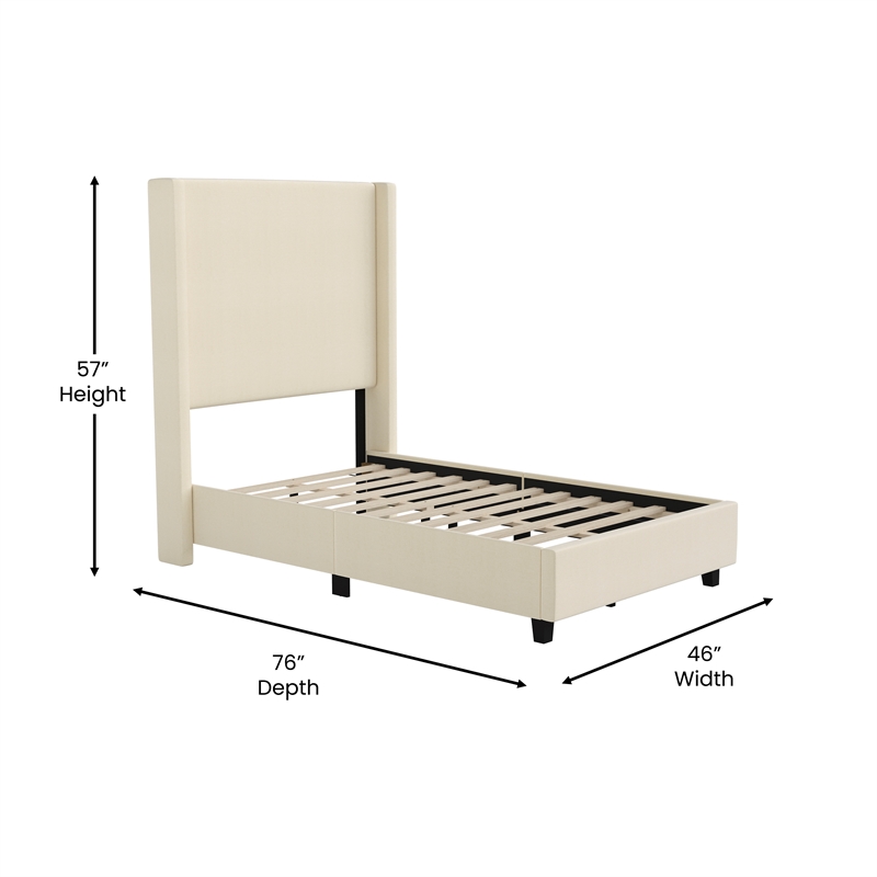 Twin Size Upholstered Platform Bed with Channel Stitched Headboard in Beige