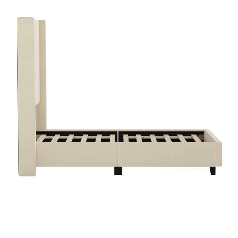 Twin Size Upholstered Platform Bed with Channel Stitched Headboard in Beige