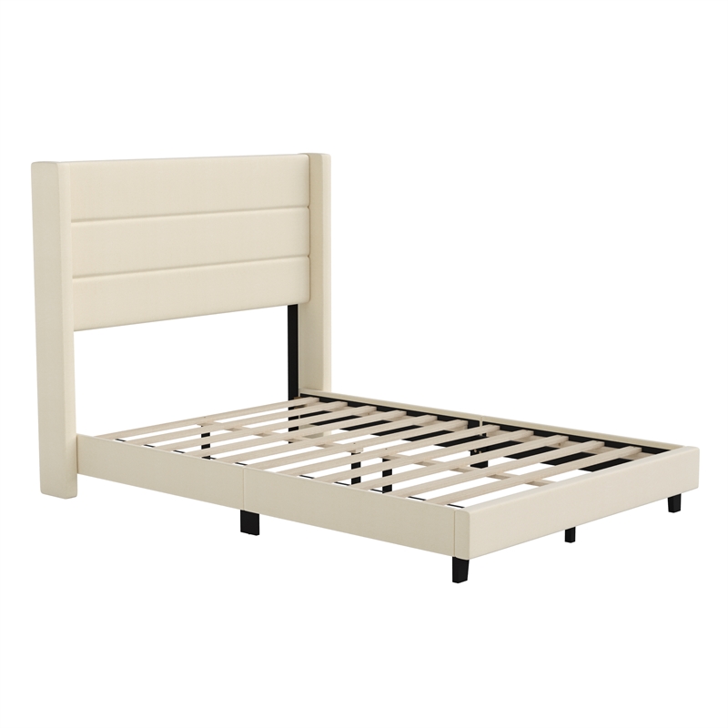 Full Size Upholstered Platform Bed with Wingback Headboard-Beige Faux Linen