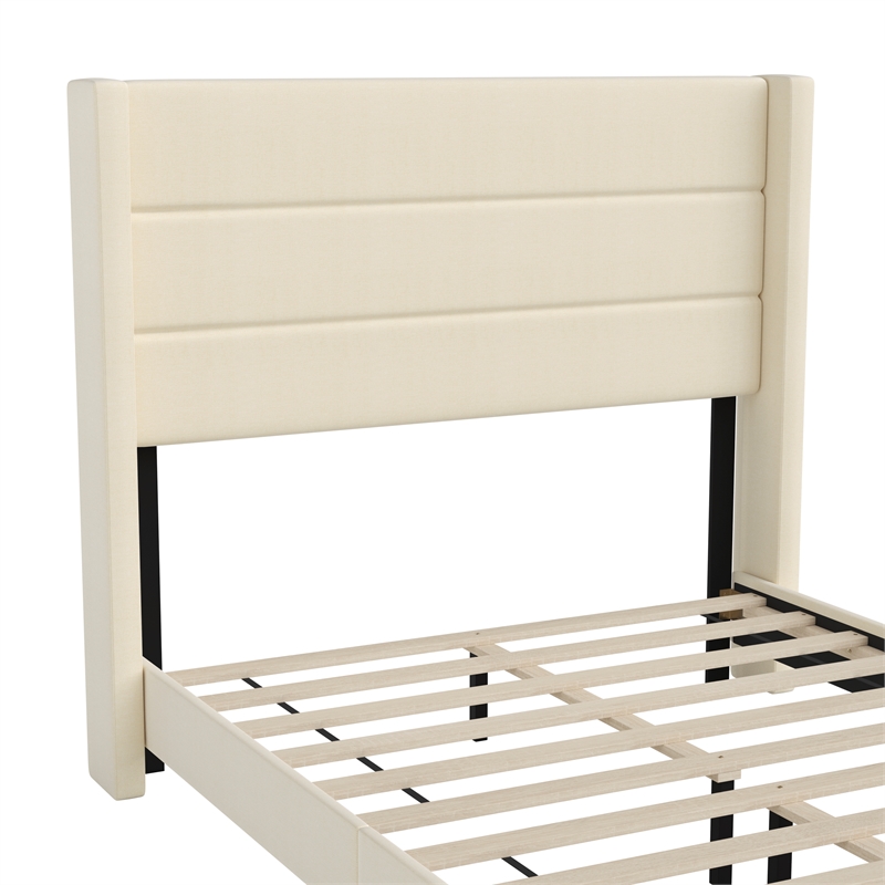 Full Size Upholstered Platform Bed with Wingback Headboard-Beige Faux Linen