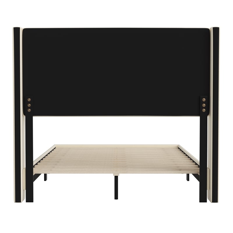 Full Size Upholstered Platform Bed with Wingback Headboard-Beige Faux Linen