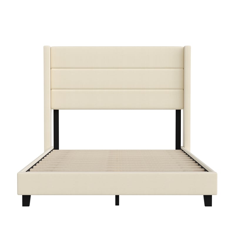 Full Size Upholstered Platform Bed with Wingback Headboard-Beige Faux Linen