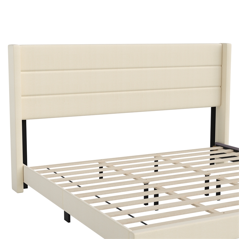 King Size Upholstered Platform Bed with Wingback Headboard-Beige Faux Linen