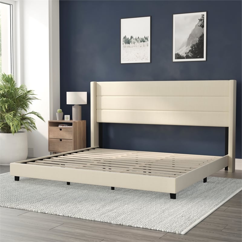 King Size Upholstered Platform Bed with Wingback Headboard-Beige Faux Linen