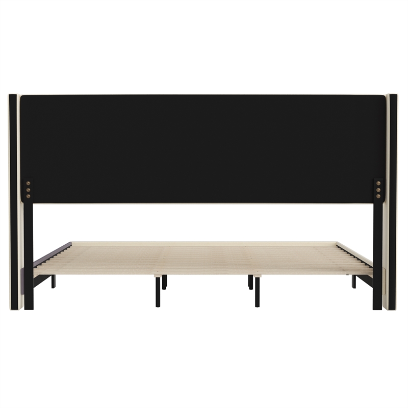 King Size Upholstered Platform Bed with Wingback Headboard-Beige Faux Linen