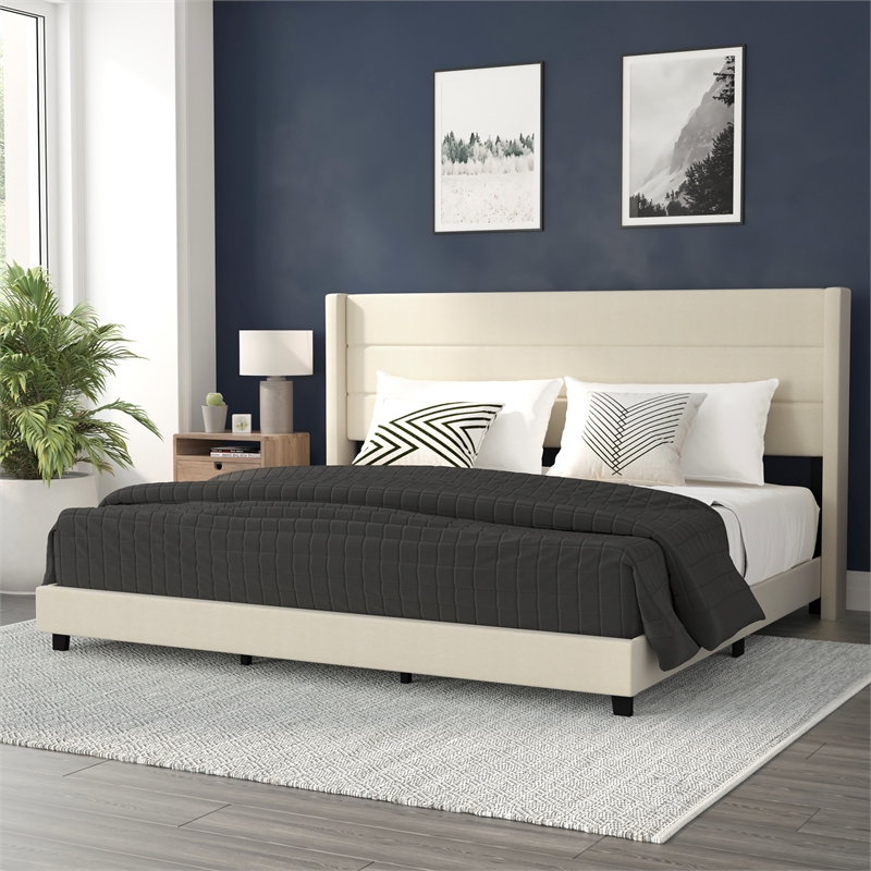 King Size Upholstered Platform Bed with Wingback Headboard-Beige Faux Linen