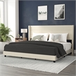 King Size Upholstered Platform Bed with Wingback Headboard-Beige Faux Linen