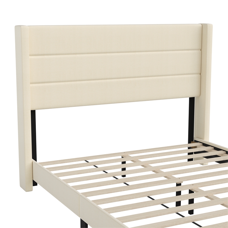 Queen Size Upholstered Platform Bed with Wingback Headboard-Beige Faux Linen