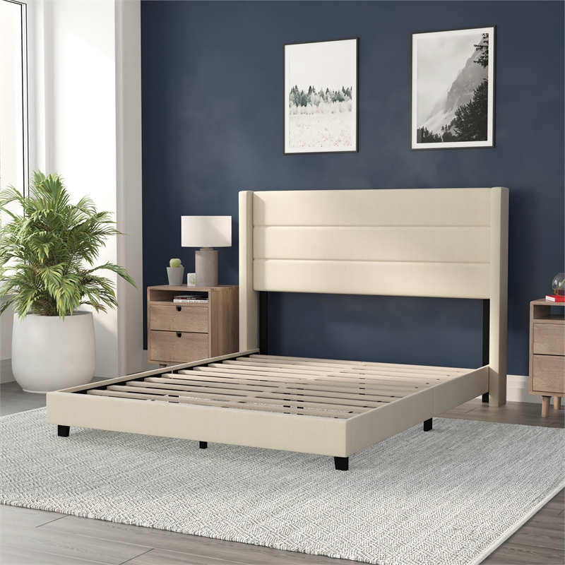 Queen Size Upholstered Platform Bed with Wingback Headboard-Beige Faux Linen