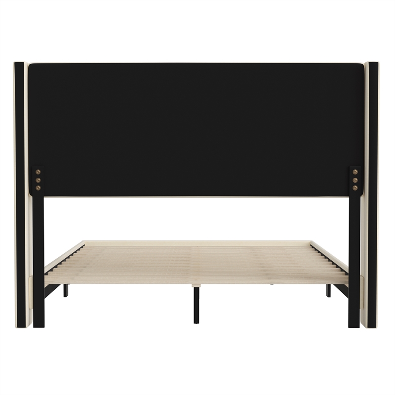 Queen Size Upholstered Platform Bed with Wingback Headboard-Beige Faux Linen