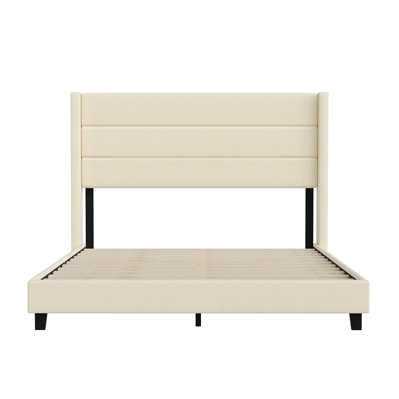 Queen Size Upholstered Platform Bed with Wingback Headboard-Beige Faux Linen