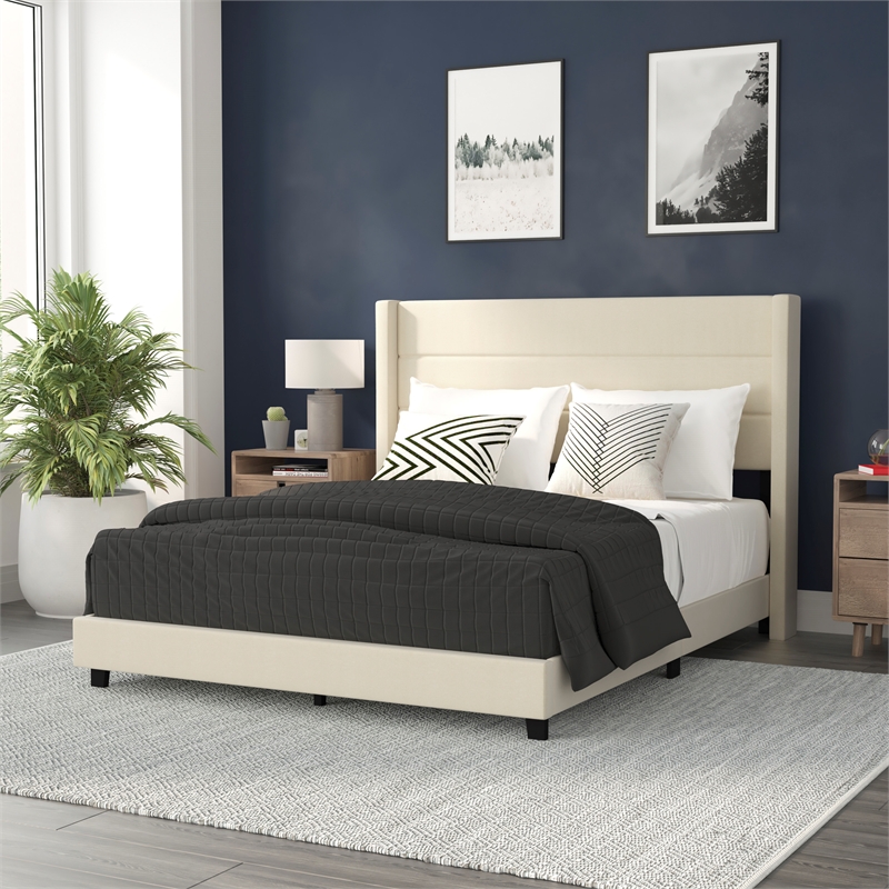 Queen Size Upholstered Platform Bed with Wingback Headboard-Beige Faux Linen