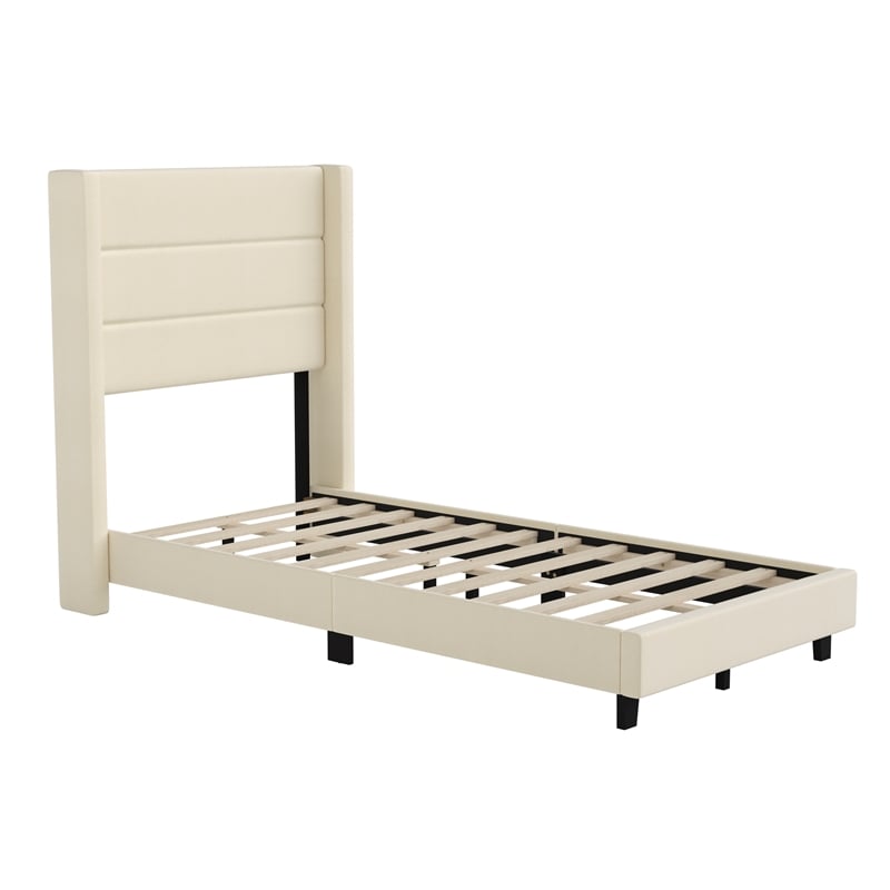 Twin Size Upholstered Platform Bed with Wingback Headboard-Beige Faux Linen