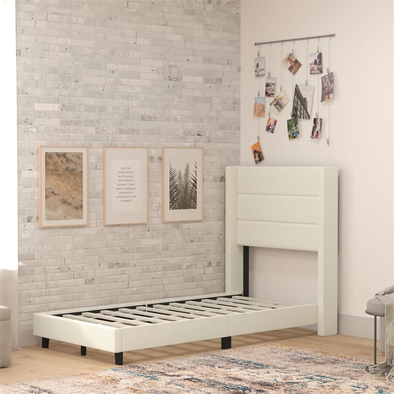 Twin Size Upholstered Platform Bed with Wingback Headboard-Beige Faux Linen