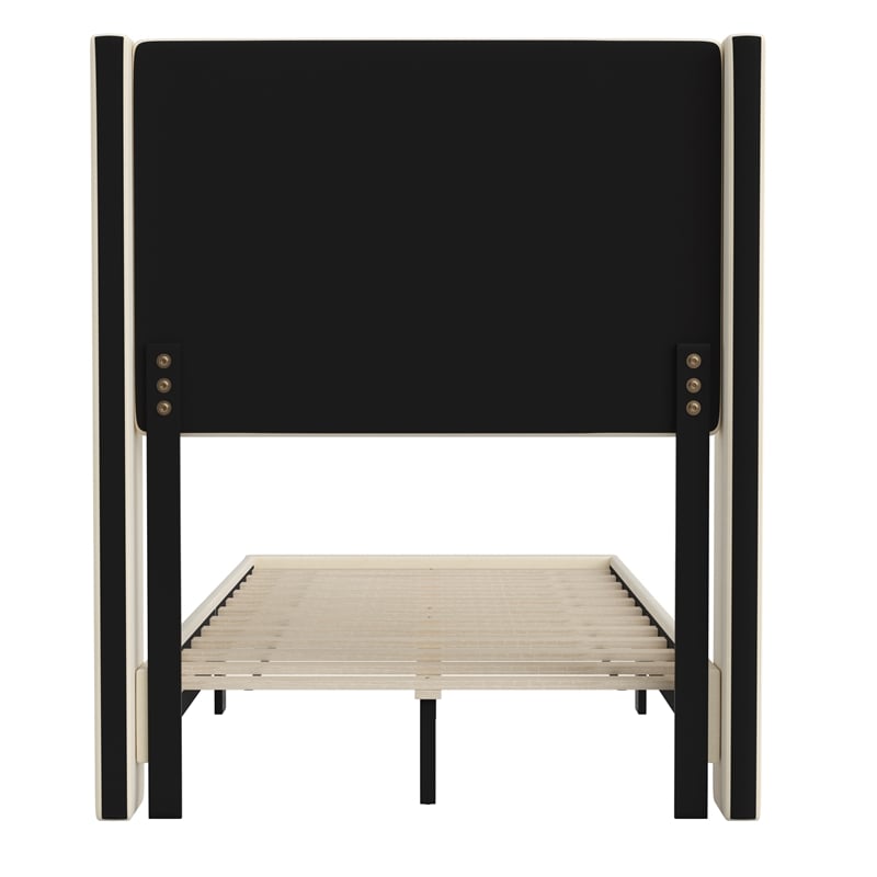 Twin Size Upholstered Platform Bed with Wingback Headboard-Beige Faux Linen