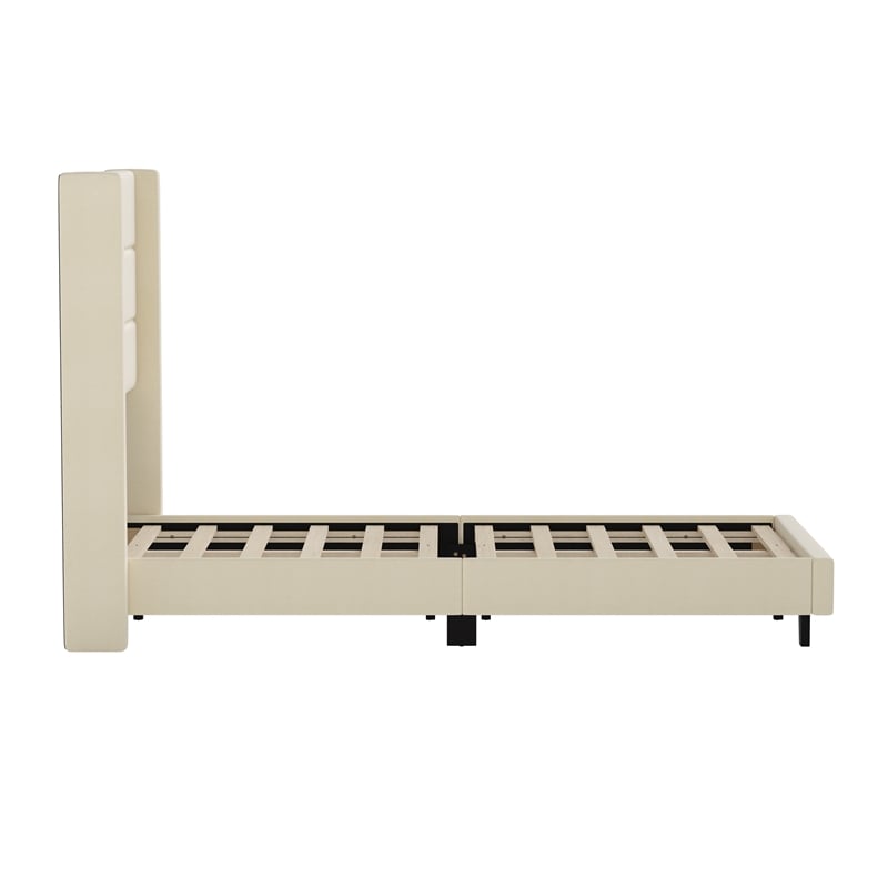 Twin Size Upholstered Platform Bed with Wingback Headboard-Beige Faux Linen
