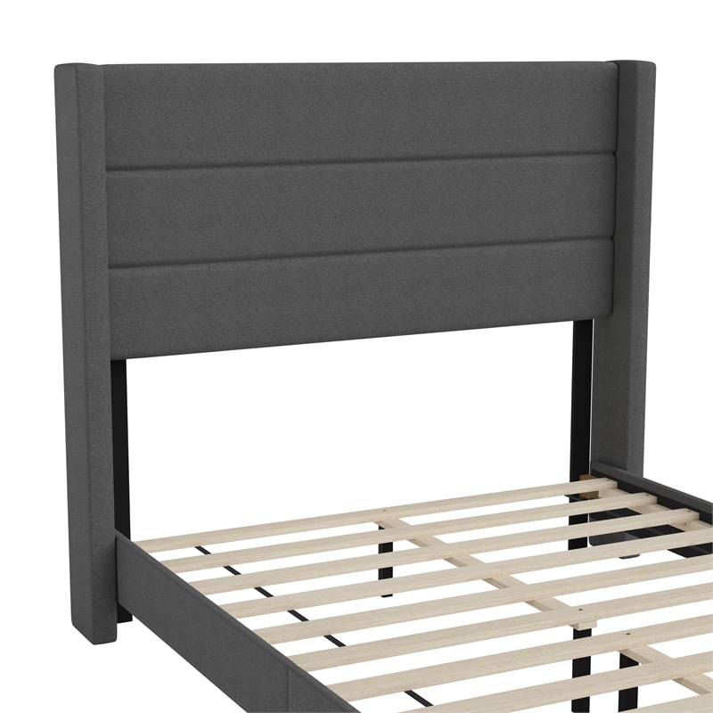 Full Size Upholstered Platform Bed with Wingback Headboard-Charcoal Faux Linen