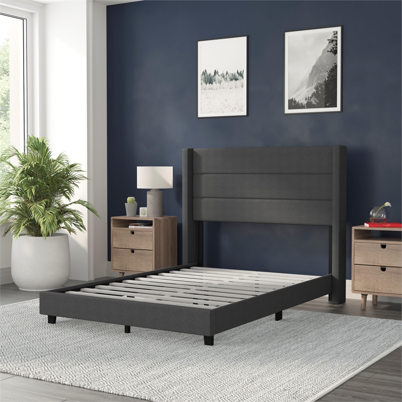 Full Size Upholstered Platform Bed with Wingback Headboard-Charcoal Faux Linen