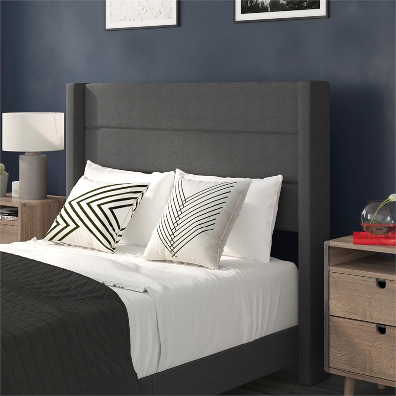 Full Size Upholstered Platform Bed with Wingback Headboard-Charcoal Faux Linen