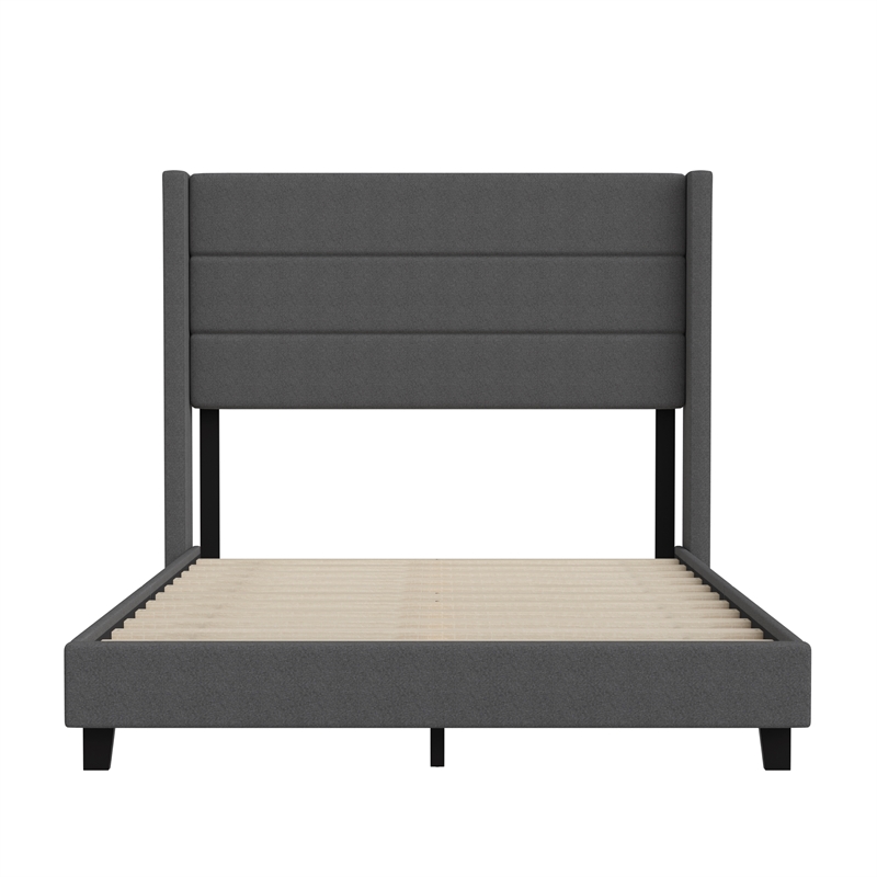 Full Size Upholstered Platform Bed with Wingback Headboard-Charcoal Faux Linen