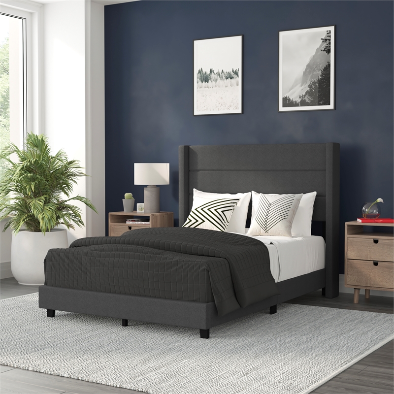 Full Size Upholstered Platform Bed with Wingback Headboard-Charcoal Faux Linen