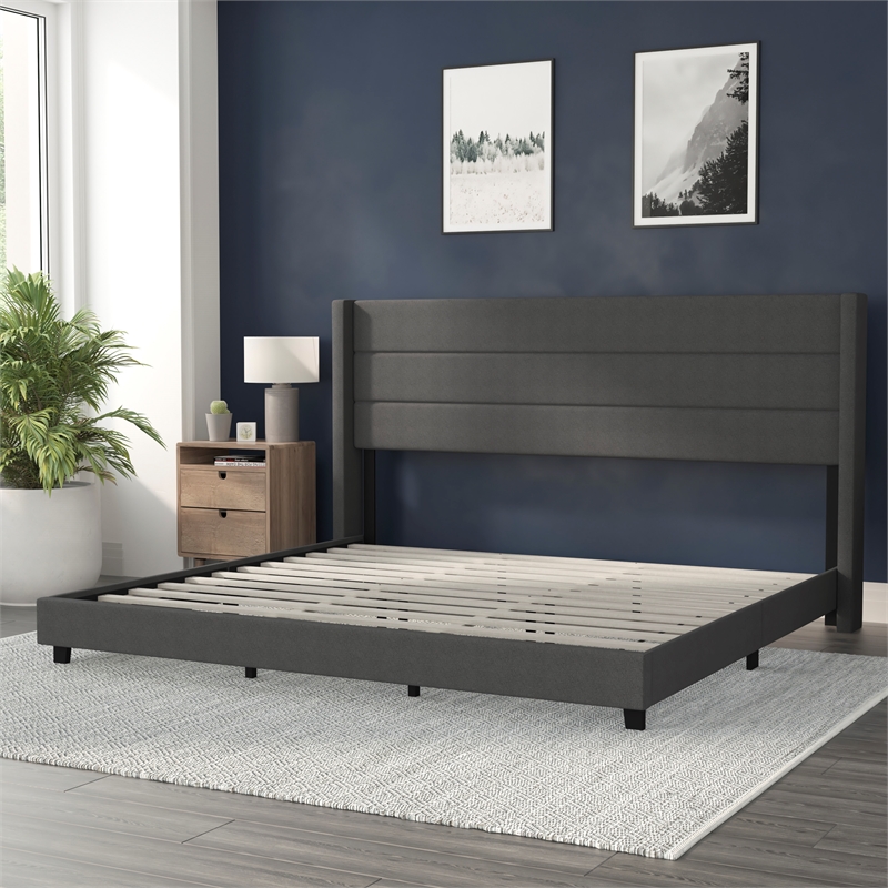 King Size Upholstered Platform Bed with Wingback Headboard-Charcoal Faux Linen