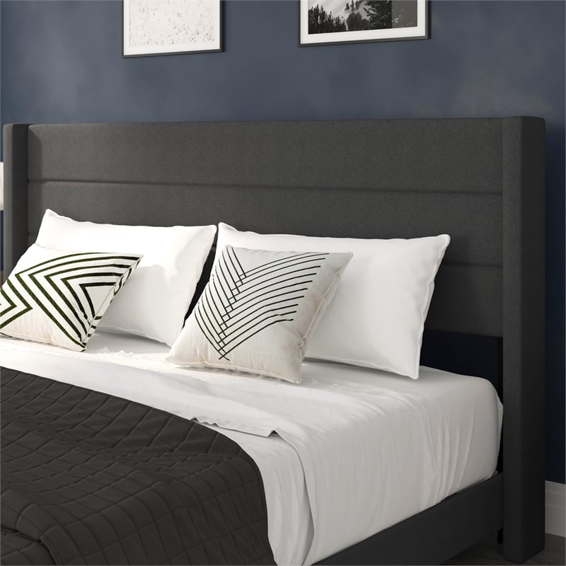 King Size Upholstered Platform Bed with Wingback Headboard-Charcoal Faux Linen