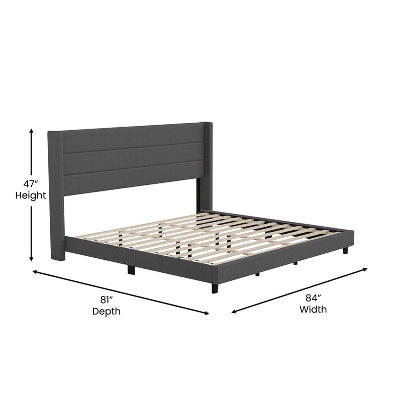 King Size Upholstered Platform Bed with Wingback Headboard-Charcoal Faux Linen